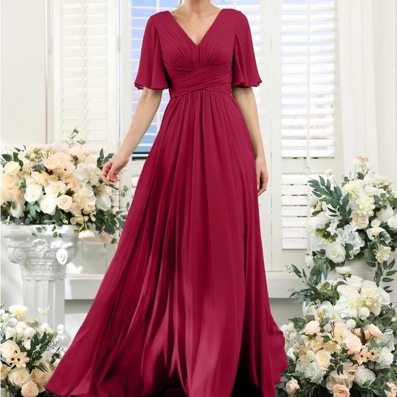 Lavetir | Dresses | Size 2 Aline Vneck Half Sleeves Split Side Chiffon  Burgundy Red Dress | Poshmark
